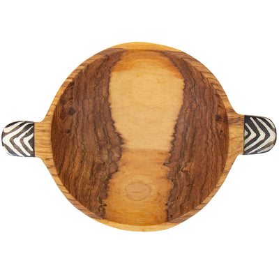 Rustic Olive Wood Bowl with Batik Bone Inlay Handles, 6-inch