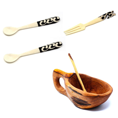 Bone & Wood Bar Set  (2 Spoons, 1 Fork, Olive Pot)