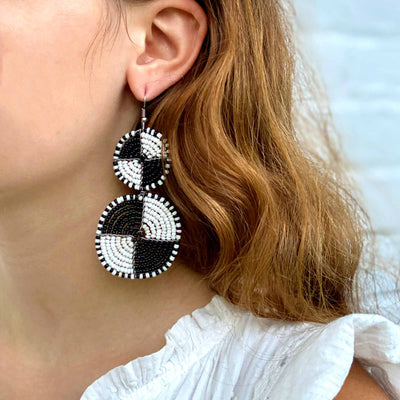 Maasai Bead Double Circle Dangle Earrings, White and Black