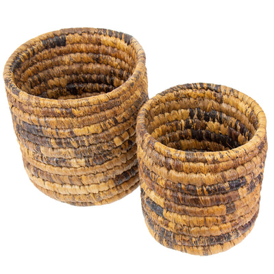 Handwoven Banana Fiber Stacked Baskets, Two Nested