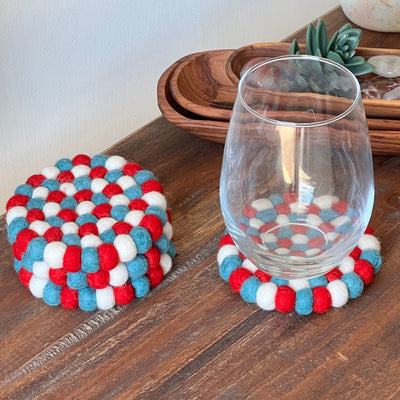 Handcrafted Felt Trivet & Coaster Set, Kai Red & Blue