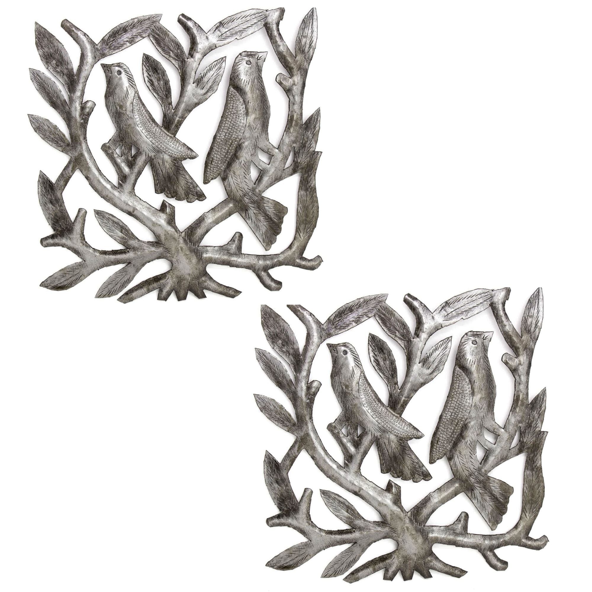 Set of 2 Square Tree of Life with Birds Haitian Steel Drum Wall Art