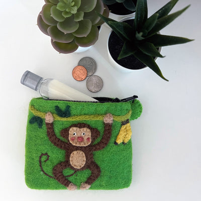 Handcrafted Monkey Felt Coin Zipper Pouch