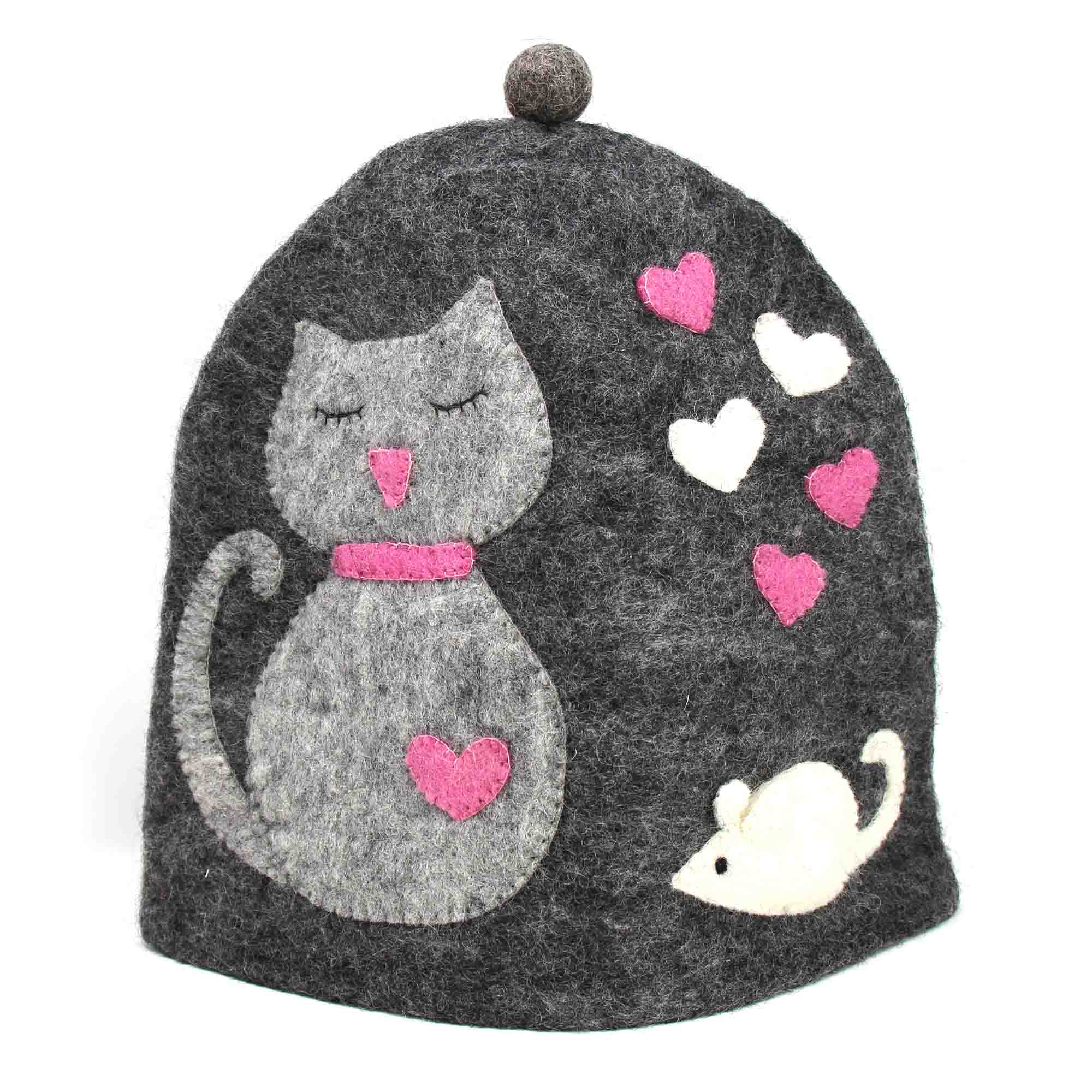 Handmade Felt Cat & Mouse Tea Cozy