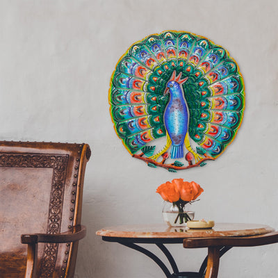 Vibrant Blue Peacock Haitian Metal Drum Wall Art