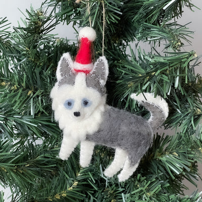 Husky Dog Santa Handmade Felt Ornaments, Set of 2