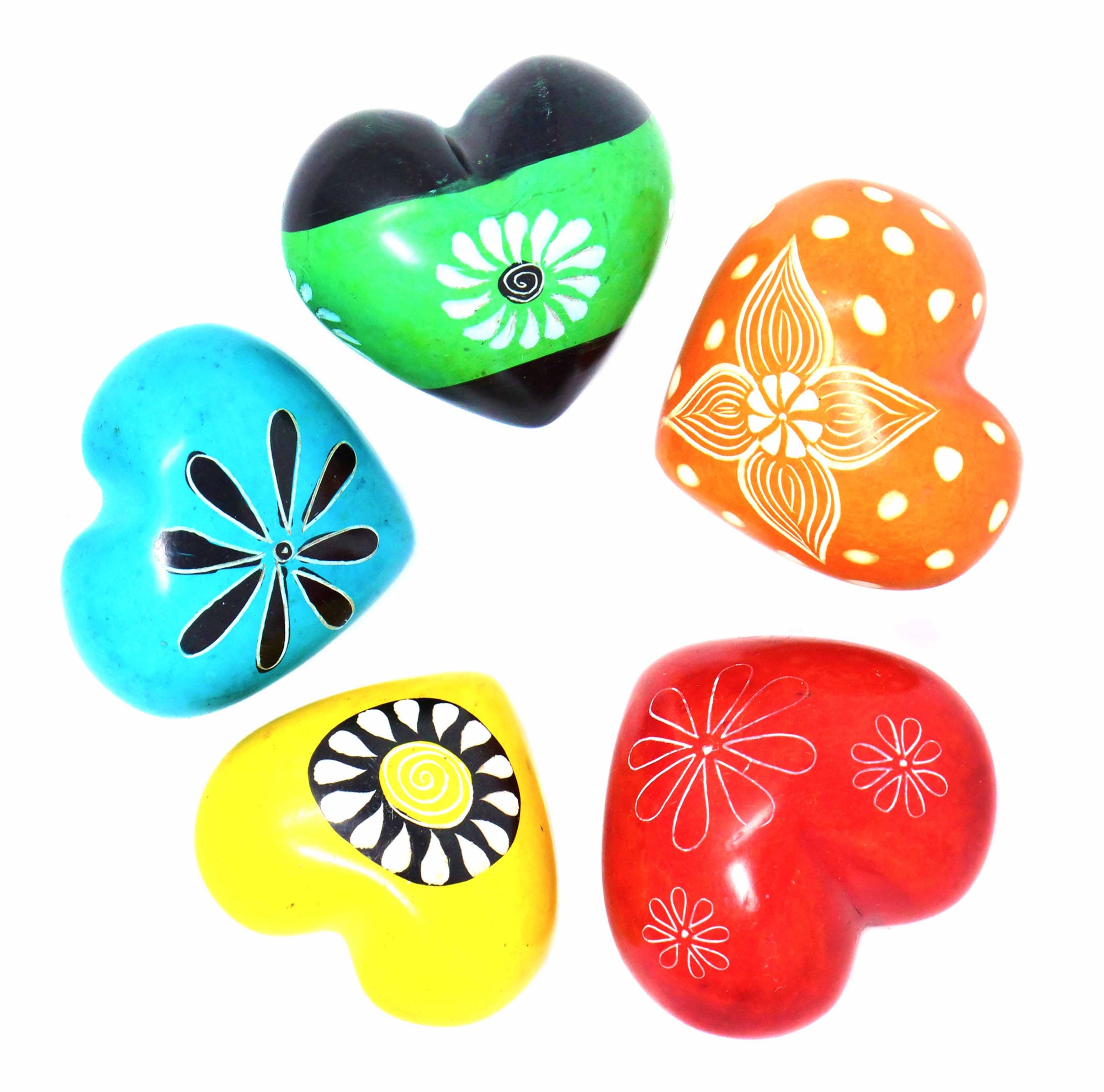 Colorful Soapstone Hearts in Assorted Colors with Designs, Set of 10