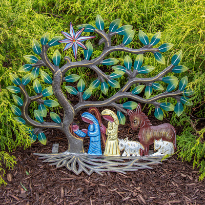 Haitian Metal Drum Tabletop Tree Creche Nativity 24 inch