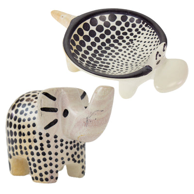 Soapstone Mudcloth Design Safari Elephant and Hippo Bowl Set