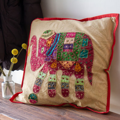Upcycled Decorative Pillow Cover with Elephant Applique - Colors will Vary