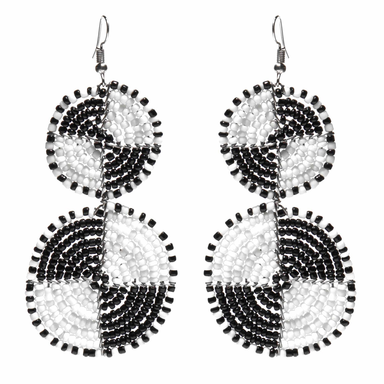 Maasai Bead Double Circle Dangle Earrings, White and Black