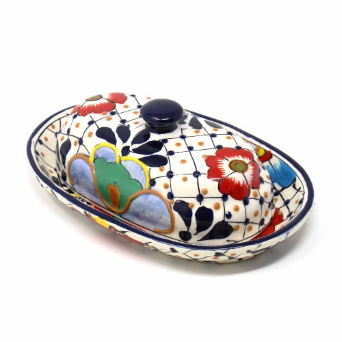 Encantada Handmade Pottery Butter Dish, Dots & Flowers