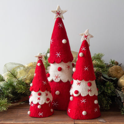 Handcrafted Felt Christmas Tree Topper or Tabletop Decor, Set of 3 Red