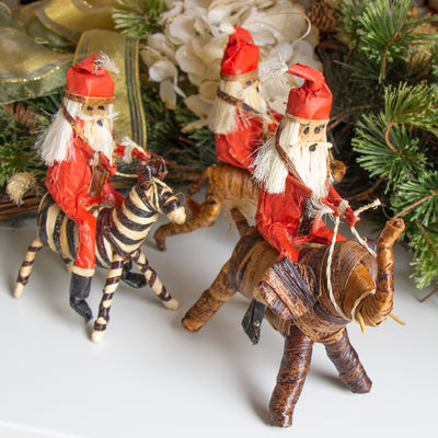 Set of Three Banana Fiber Santa Riding on Safari Animals- Lion, Zebra, Elephant