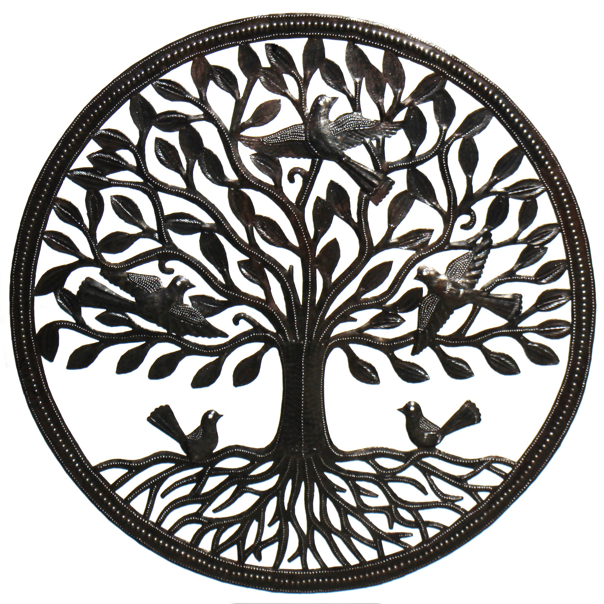 Birds on Roots Tree of Life Ringed Haitian Steel Drum Wall Art, 23"