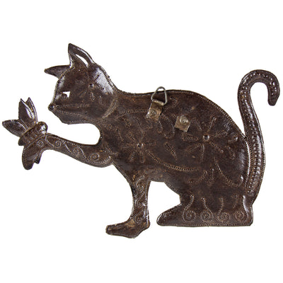 Playful Kitty and Butterfly Haitian Steel Drum Wall Art