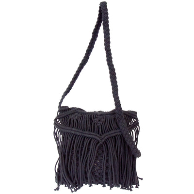 Handmade Boho Macrame Shoulder Bag, Black with Fringe