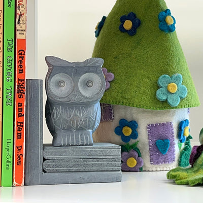 Handmade Mama & Baby Owl Book Ends, Carved Palewa Stone