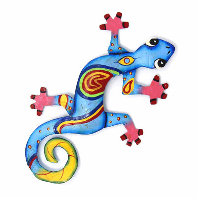 Eight inch Painted Gecko Recycled Haitian Metal Wall Art Blue-Greens Red Eye