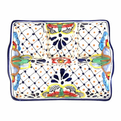 Encantada Handmade Pottery 9" Divided Platter, Dots & Flowers