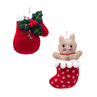 Holly Mittens and Kitten in Stocking Handmade Felt Ornaments, Set of 2