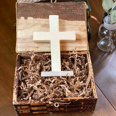 Soapstone Traditional Standing Cross in Banana Fiber Storage Box