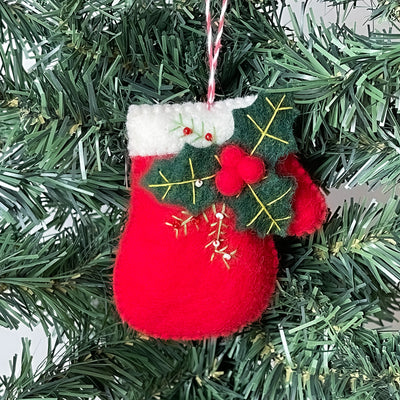 Holly Mittens and Kitten in Stocking Handmade Felt Ornaments, Set of 2