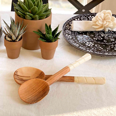 Olive Wood Salad Servers with Bone Handles, White with Etching Design