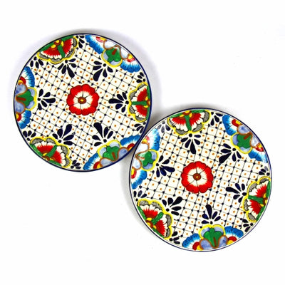 Encantada Handmade Pottery 11.75" Set of 2 Dinner Plates, Dots & Flowers