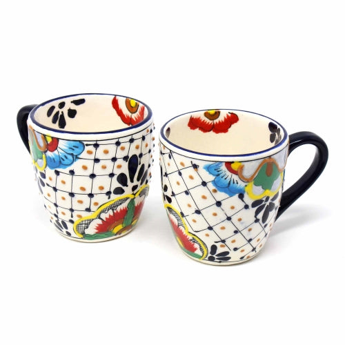 Encantada Handmade Pottery Set of 2 Mugs, Dots & Flowers - 12 oz.