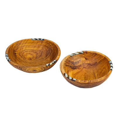 Set of Two Small Olive Wood Bowls with Bone Inlay