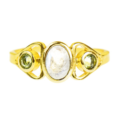 Handmade Peridot and Moonstone Three Stone 18K Gold-Plated Ring